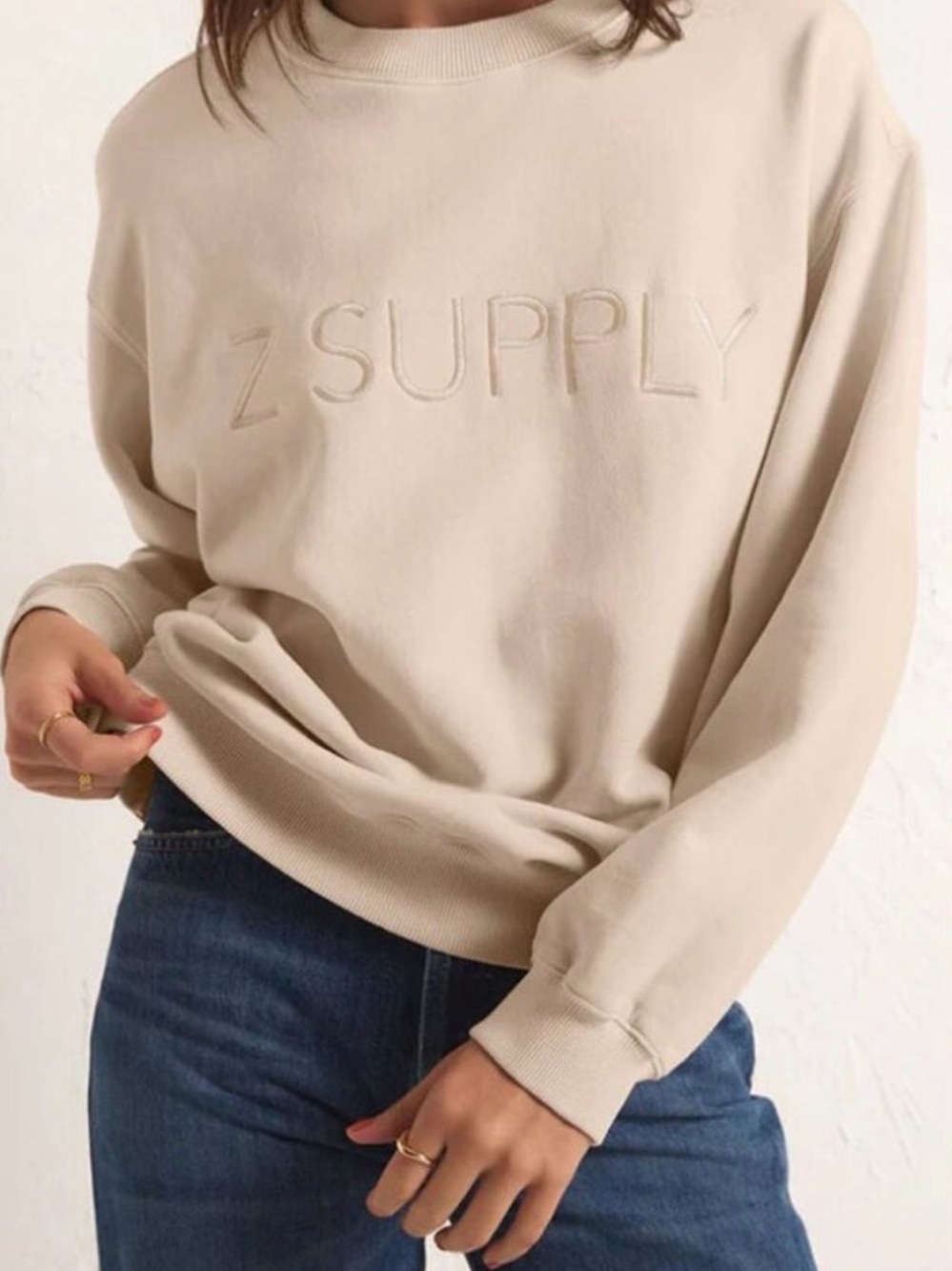 Z Supply Syd Logo Embroidered Crewneck Sweatshirt 100% Cotton Cream XS New